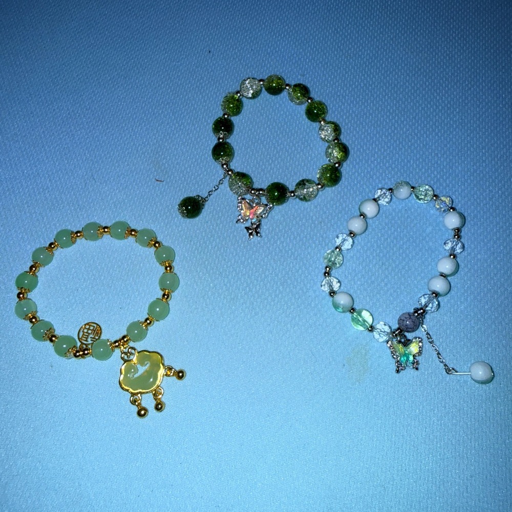 Beaded Bracelet Set NEW Green Butterfly Charm 3pc